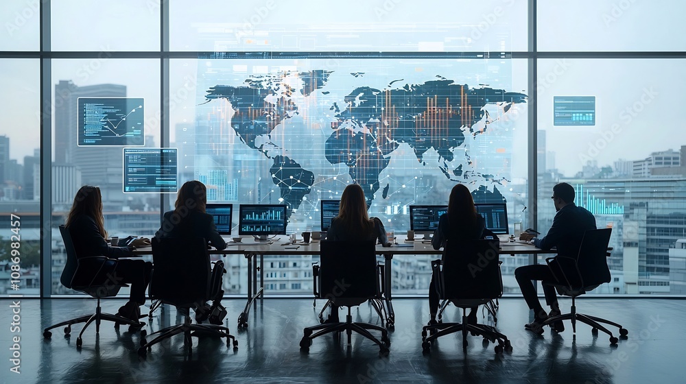 Obraz premium Silhouetted meeting of business professionals near a window displaying a global communication network with floating 3D data charts and visualizations showcasing data driven decision making