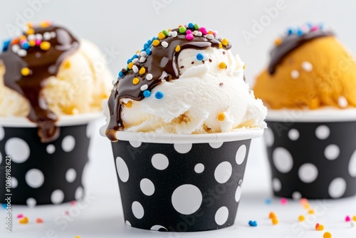 Ice cream cups with chocolate syrup and colorful sprinkles, perfect for a Super Bowl celebration photo