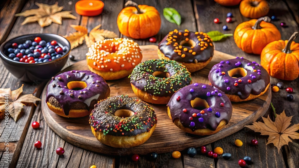 Autumnal Treat A Delightful Arrangement of Glazed Donuts and Miniature Pumpkins on Rustic Wooden Board Autumnal Treat A Delightful Arrangement of Glazed Donuts and Miniature Pumpkins on Rustic Wooden Board