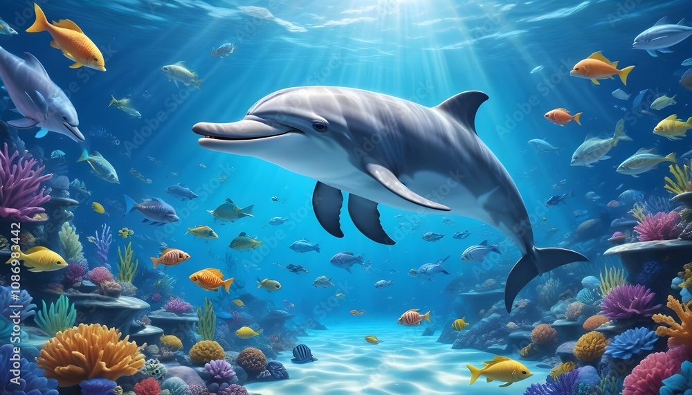 Photo a cartoon scene of a tropical sea with a dolphin,Shark and fish Photo a cartoon scene of a tropical sea with a dolphin,Shark and fish