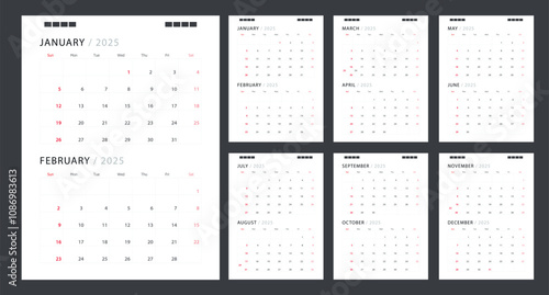 Calendar for 2025 red background. Corporate design planner template.