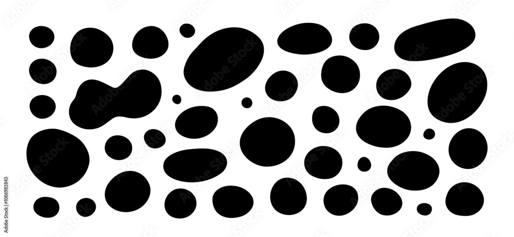 Liquid blob shapes, vector organic random forms, black abstract fluid silhouette, simple smooth ink stain, incorrect circles. Round flat design elements.