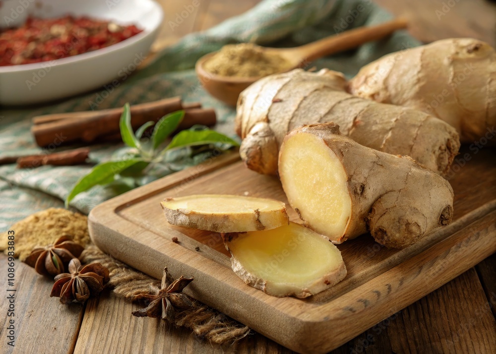 Fresh Ginger Root Cut in Natural Setting - Candid Photography of Organic Ingredients for Cooking and Health Benefits Fresh Ginger Root Cut in Natural Setting - Candid Photography of Organic Ingredients for Cooking and Health Benefits