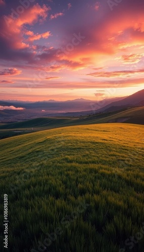 view of a field of green grass with a sunset in the background