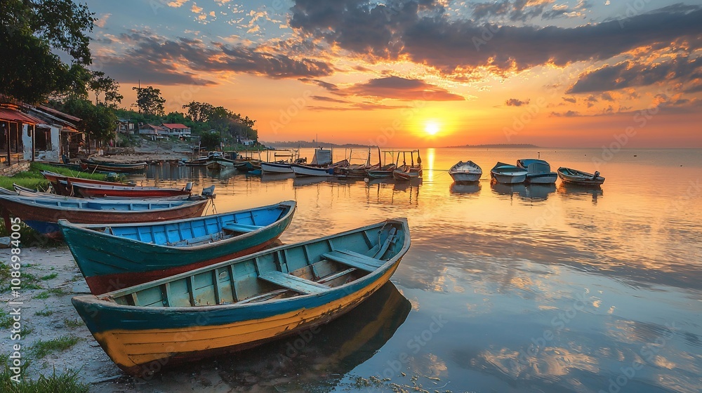Serene Sunset over Calm Waters with Colorful Boats Serene Sunset over Calm Waters with Colorful Boats
