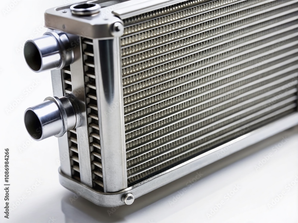 Fototapeta premium Detailed Macro Photography of a Car Radiator Heater Isolated on White Background, Showcasing Intricate Parts and Design Features for Automotive Enthusiasts and Repair Professionals