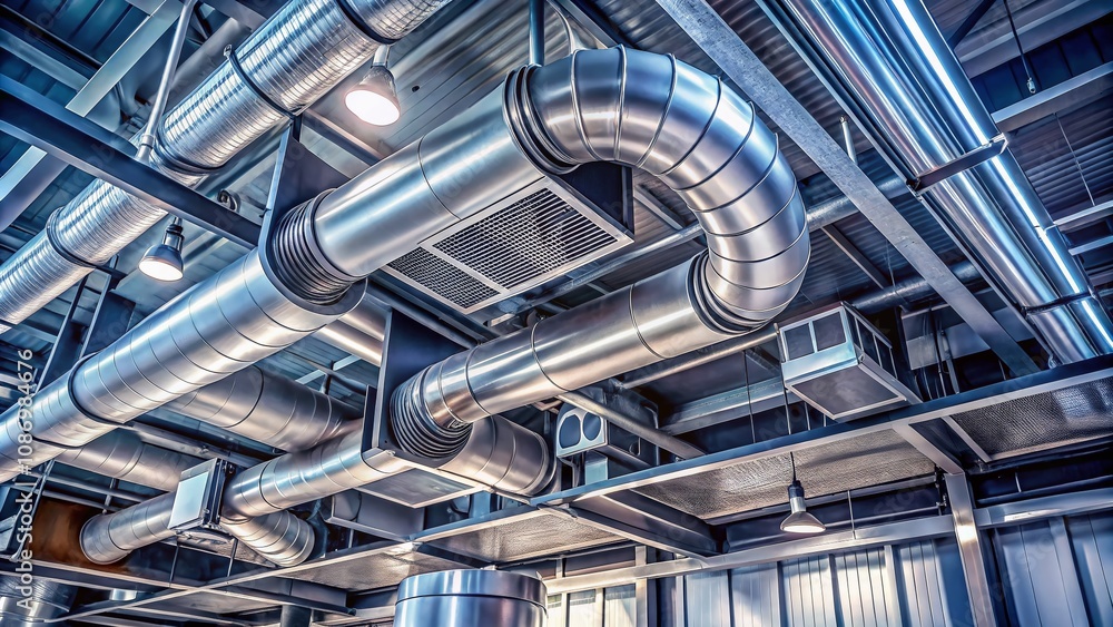 Detailed View of Industrial Ventilation Ducts Showcasing Expert Craftsmanship in Air Conditioning and Heating Solutions for Commercial Buildings Detailed View of Industrial Ventilation Ducts Showcasing Expert Craftsmanship in Air Conditioning and Heating Solutions for Commercial Buildings