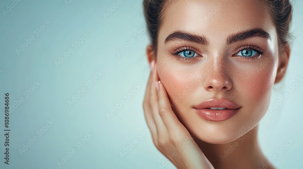 Beautiful young woman with striking blue eyes and flawless skin, showcasing natural beauty, soft makeup, and delicate features against a light blue background Beautiful young woman with striking blue eyes and flawless skin, showcasing natural beauty, soft makeup, and delicate features against a light blue background