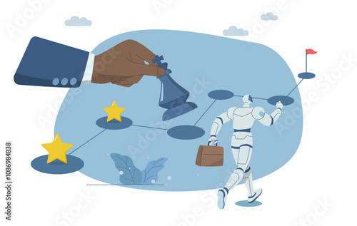 Timeline of ideas on how to overcome problems, Strategic planning process, Using AI to plan project progress steps, Human hand holds the chess and plans the operation. Vector design illustration.