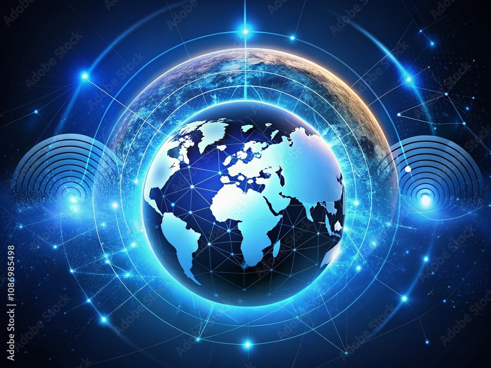 Digital Illustration of Earth with WIFI Icon on Dark Blue Background Representing Global Connectivity and Modern Technology in Internet Communication Digital Illustration of Earth with WIFI Icon on Dark Blue Background Representing Global Connectivity and Modern Technology in Internet Communication