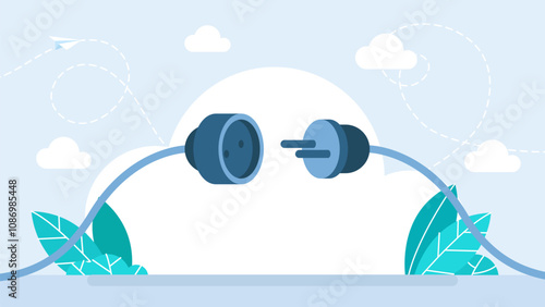 Electric socket with a plug. Connection and disconnection concept. Concept of 404 error connection. Electric plug and outlet socket unplugged. Electricity energy power cut. Vector illustration