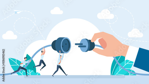 Business Connection, Partnership Concept. Tiny Businessman, Businesswoman Characters Connecting Huge Plug and Outlet, Teamwork, Idea Generation. Electricity energy saving symbol. Vector Illustration