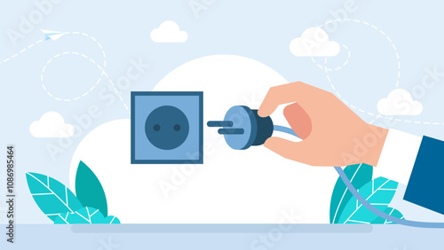 Inserting a plug into an electrical outlet. Connection or disconnection of electricity with wire plug and socket. Electric disconnect wire, electricity socket and plug. Vector illustration.