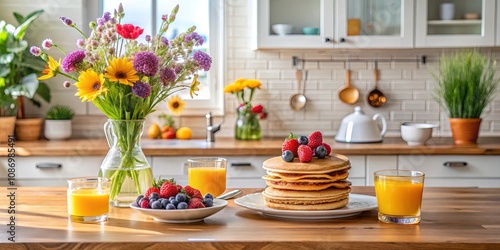 A sunny kitchen breakfast scene with a stack of pancakes, fresh berries, orange juice, and a vibrant flower bouquet