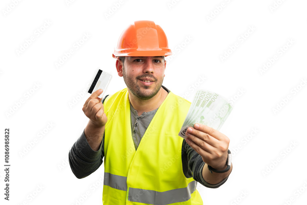 Constructor presenting cash banknotes and holding card Constructor presenting cash banknotes and holding card