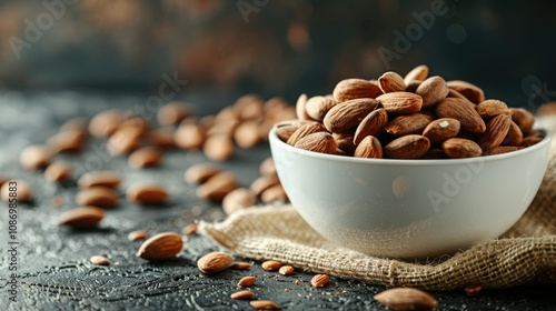 A white bowl filled with almonds, with a few almonds scattered around it on a rustic background.
