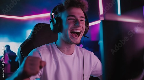 A young man laughs with joy while playing a video game in a dimly lit room