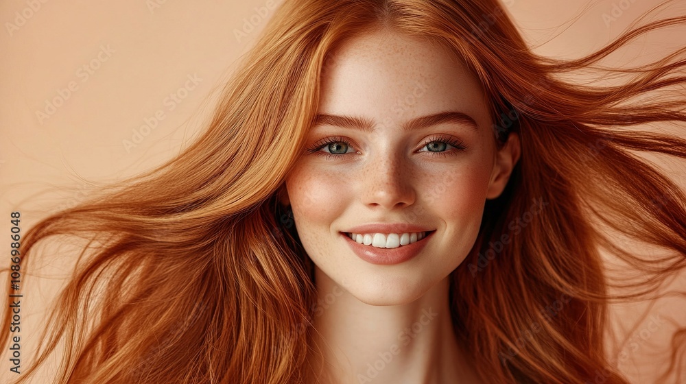 Fototapeta premium Captivating Portrait of a Young Woman with Vibrant Red Hair and Radiant Smile Against Warm Background Featuring Soft Flowing Hair and Natural Beauty