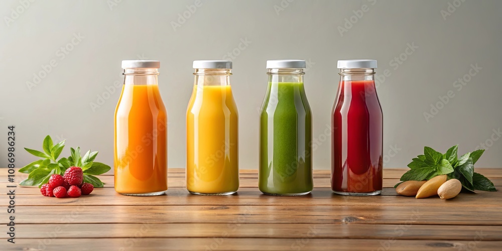 Four Colorful Bottles of Freshly Made Fruit and Vegetable Juices on Wooden Table Four Colorful Bottles of Freshly Made Fruit and Vegetable Juices on Wooden Table