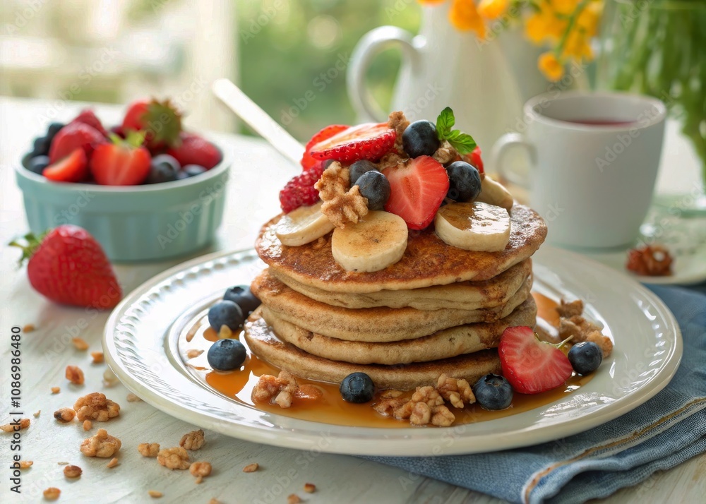 Healthy Whole Wheat Pancakes with Fresh Fruit and Nuts – Nutritious Breakfast Delight for Wellness Lovers Healthy Whole Wheat Pancakes with Fresh Fruit and Nuts – Nutritious Breakfast Delight for Wellness Lovers