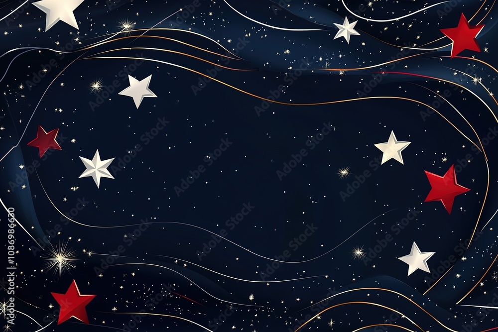 A dark navy background with golden stars and red ribbons, with the white letters at the center A dark navy background with golden stars and red ribbons, with the white letters at the center