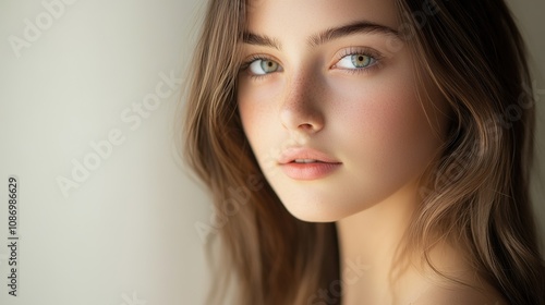 Wallpaper Mural Close-Up Portrait of a Young Woman with Natural Beauty, Captivating Blue Eyes, and Soft, Flowing Hair in a Serene Indoor Setting Torontodigital.ca