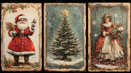 Vintage Christmas cards with Santa, a tree, and a festive woman in traditional attire