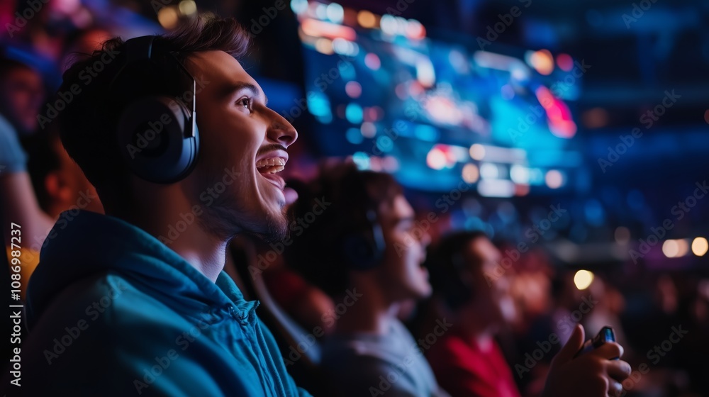 A close-up shot shows a young man, wearing headphones and a teal jacket, excitedly watching a competitive video game event A close-up shot shows a young man, wearing headphones and a teal jacket, excitedly watching a competitive video game event