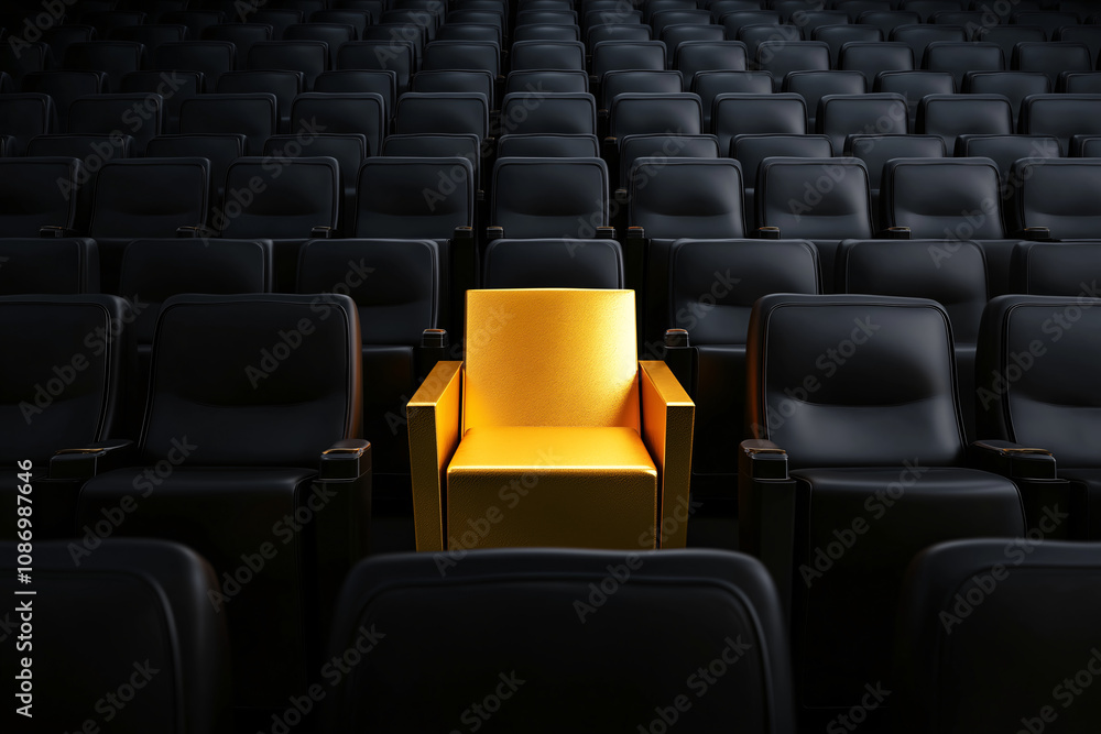 Fototapeta premium Solitary yellow chair amidst black theater seats cinema hall photography indoor perspective isolation
