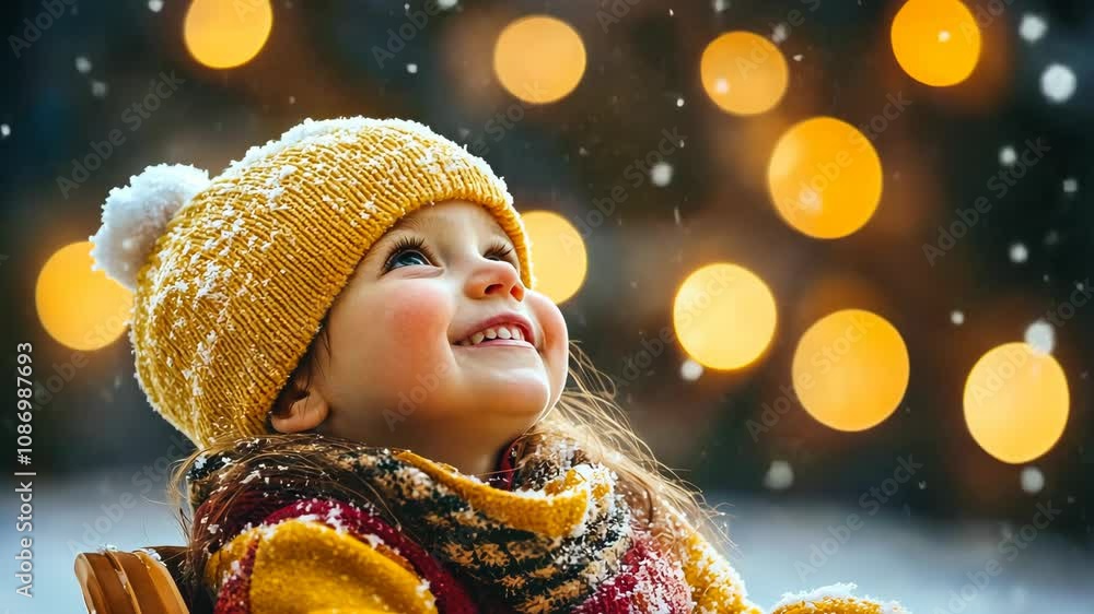 A young girl, wearing a yellow knit hat and a red and yellow scarf, gazes upwards with a happy expression A young girl, wearing a yellow knit hat and a red and yellow scarf, gazes upwards with a happy expression