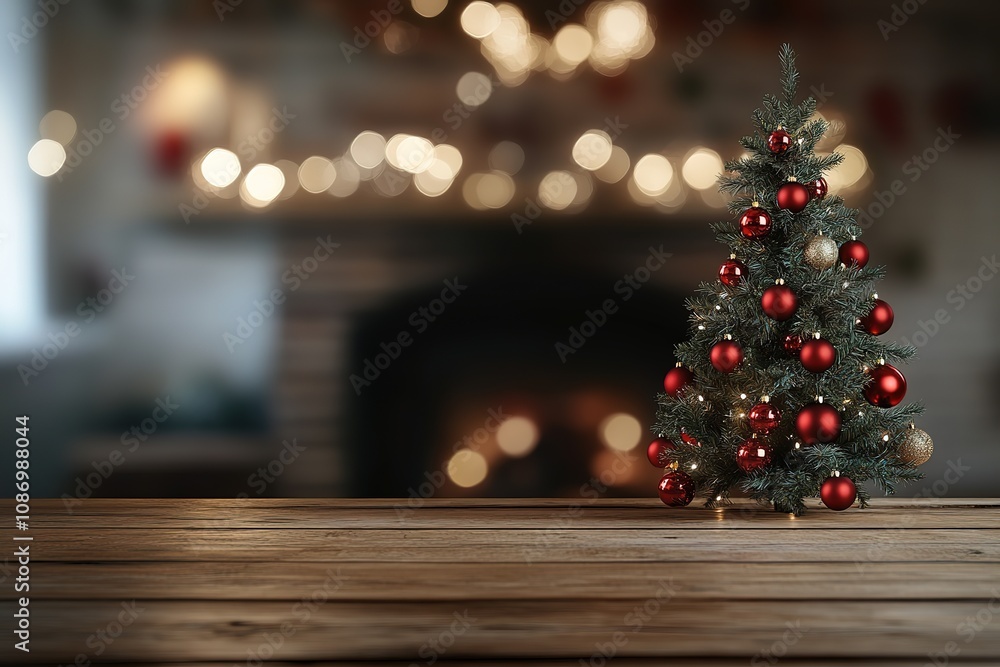A Christmas tree adorned with red ornaments and bokeh lights sits on a wooden table, with a blurred fireplace in the background A Christmas tree adorned with red ornaments and bokeh lights sits on a wooden table, with a blurred fireplace in the background