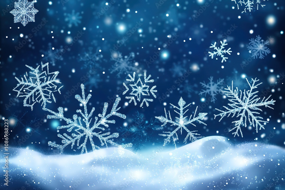 Snowflakes falling on a winter, Christmas-themed background with a blue gradient and white snow particles Snowflakes falling on a winter, Christmas-themed background with a blue gradient and white snow particles