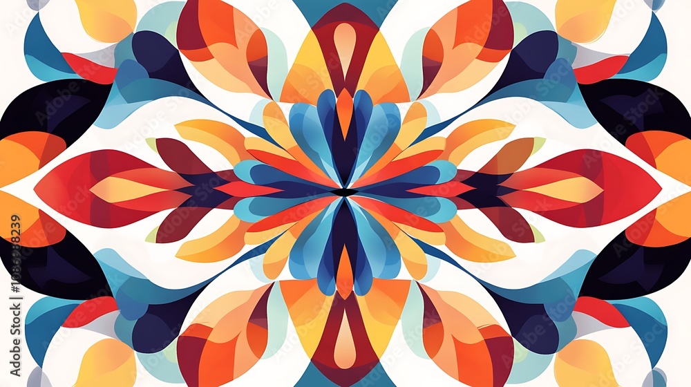 Symmetrical Abstract Floral Design in Vibrant Hues of Orange, Red, and Blue Symmetrical Abstract Floral Design in Vibrant Hues of Orange, Red, and Blue