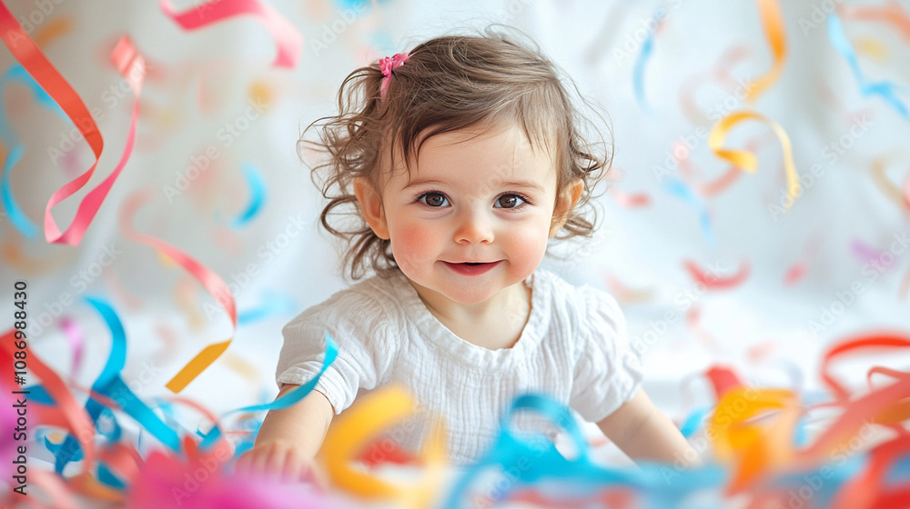 Happy baby playing with colorful streamers at a joyful celebration indoors Happy baby playing with colorful streamers at a joyful celebration indoors