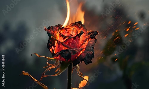 The red rose withered, burning	