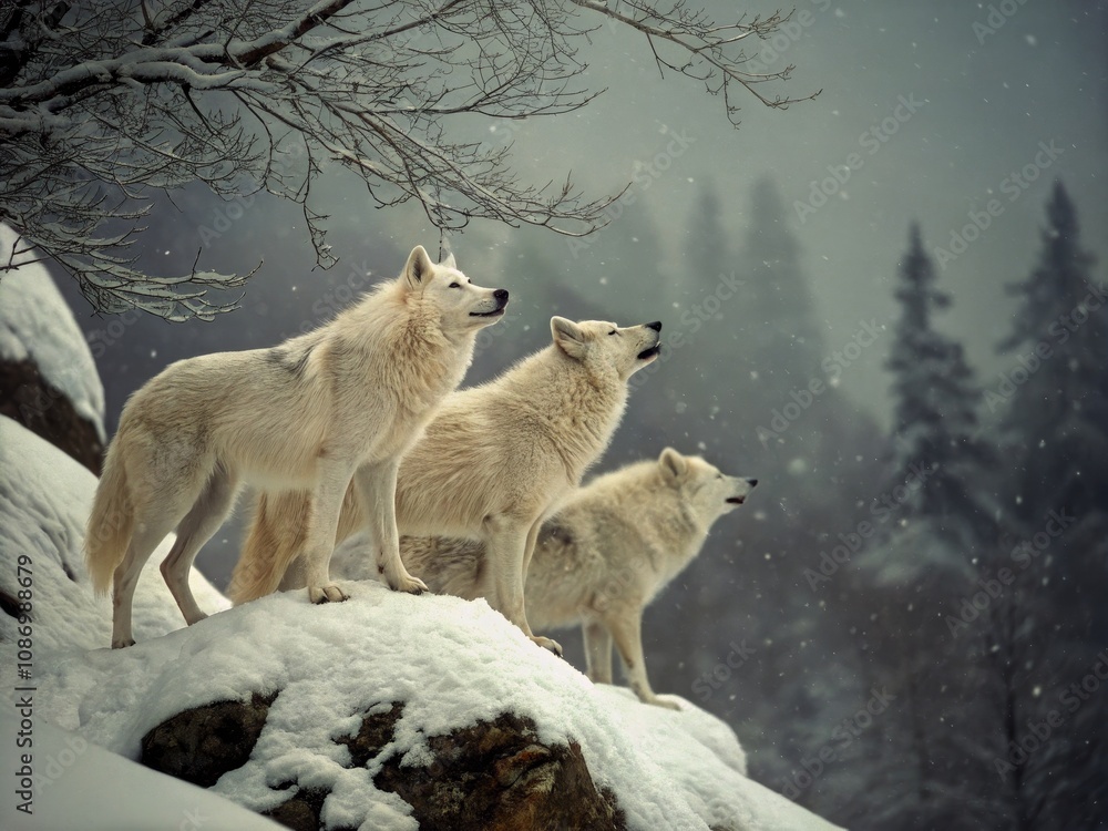 Obraz premium Majestic White Wolves in Vintage Style on Snowy Rocky Cliff – Winter Wildlife Photography, Nature, Animal Portraits, Scenic Landscape, Snow-Covered Mountains, Majestic Creatures, Wildlife Art