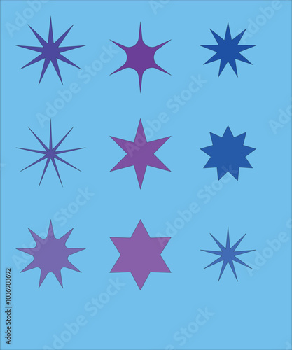 Symmetrical arrangement of geometric star shapes in shades of purple and blue on a soft light blue background. Ideal for creative designs, posters, or decorative templates with a calming color scheme.