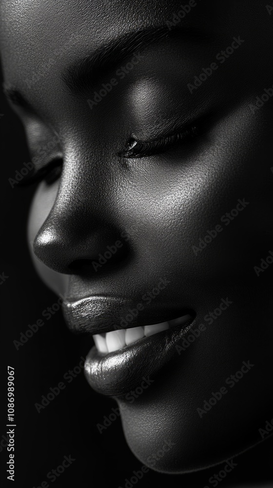 The subject showcases a serene beauty with a gentle smile, captivatingly lit to enhance her elegant facial contours in a black and white setting The subject showcases a serene beauty with a gentle smile, captivatingly lit to enhance her elegant facial contours in a black and white setting