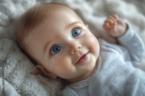 Baby boy with blue eyes lying on a soft blanket. Generative Ai