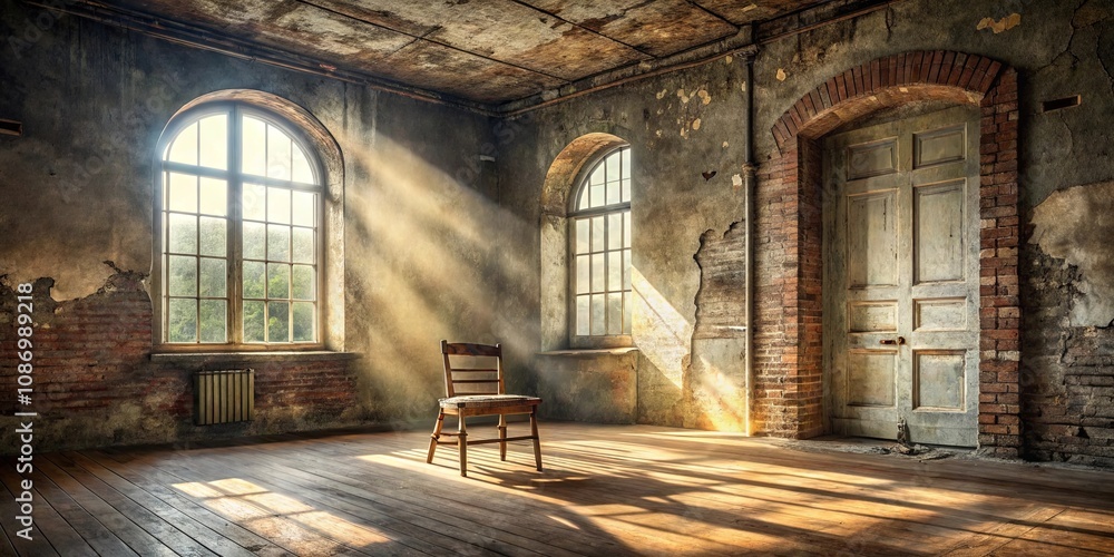 Sunbeams illuminate a solitary chair in a rustic, aged room with arched windows and a weathered door. Sunbeams illuminate a solitary chair in a rustic, aged room with arched windows and a weathered door.