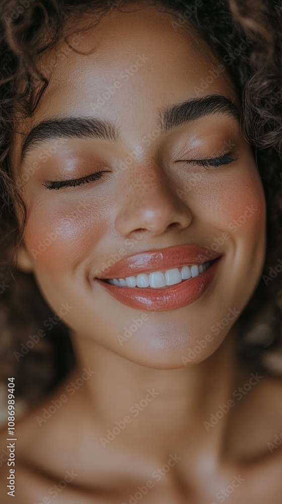A woman with curly hair beams joyfully, showcasing her bright smile in a softly illuminated setting filled with warmth and positivity A woman with curly hair beams joyfully, showcasing her bright smile in a softly illuminated setting filled with warmth and positivity