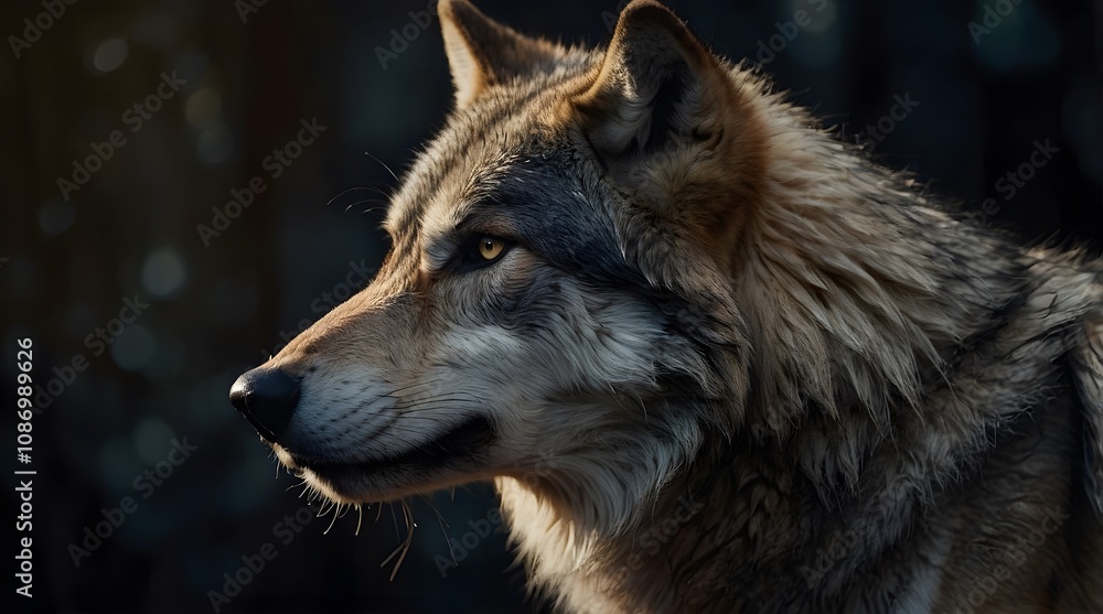 Centered Wolf Head in Profile with Cinematic Lighting and Fading Shadows Centered Wolf Head in Profile with Cinematic Lighting and Fading Shadows