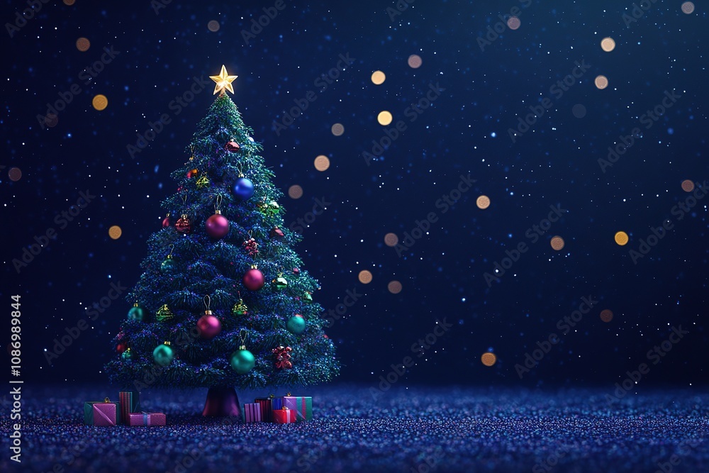 Obraz premium Christmas tree with colorful decorations on a dark blue background with bokeh lights