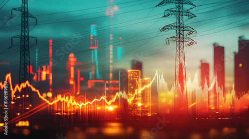 Stock market volatility influenced by fossil energy, with power lines and cityscape. image reflects economic fluctuations and energy sector impact, highlighting financial dynamics photo