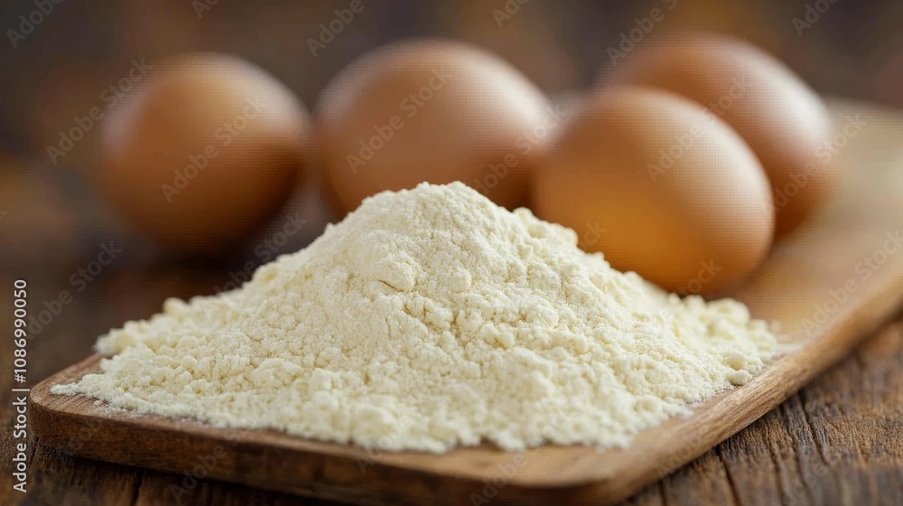 Pile of White Flour with Fresh Brown Eggs. Ingredients for Baking on Wooden Background Pile of White Flour with Fresh Brown Eggs. Ingredients for Baking on Wooden Background