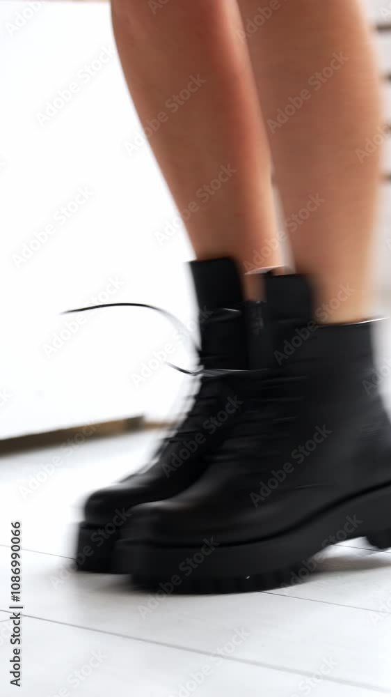 Girl with bare legs and black boots starts to jump. Model demonstrating the stylish leather footwear with laces at white backdrop. Close up. Vertical video Girl with bare legs and black boots starts to jump. Model demonstrating the stylish leather footwear with laces at white backdrop. Close up. Vertical video
