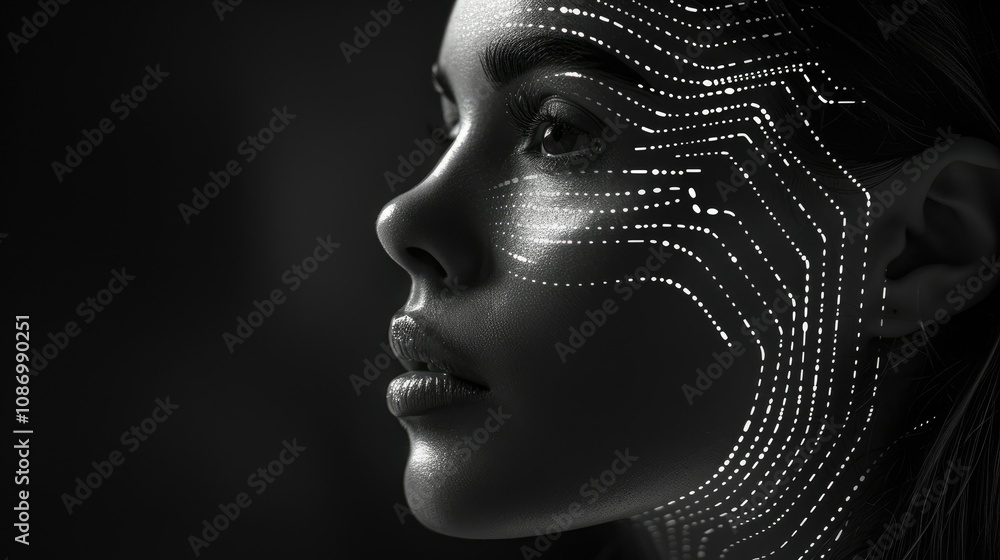 A woman's face with a digital overlay of lines and dots, symbolizing technology and the future. A woman's face with a digital overlay of lines and dots, symbolizing technology and the future.