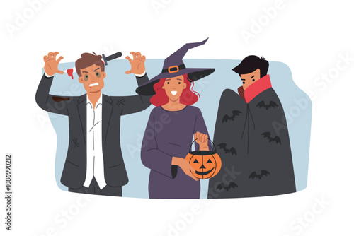 People in halloween costumes make menacing looks to scare friends celebrating october 31st. Participants of masquerade in honor of halloween in form of witch and zombie or count dracula