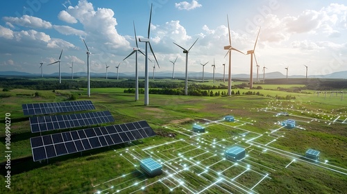 Innovative battery technology supporting a smart and sustainable energy grid harnessing renewable power from wind turbines and solar panels to generate clean efficient electricity for the future