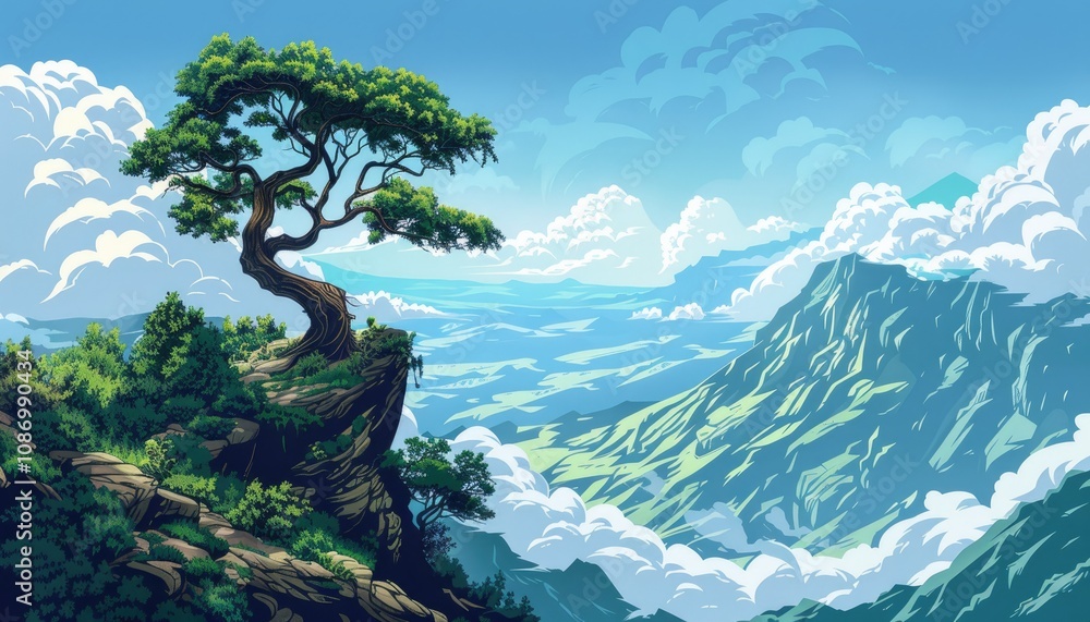 A solitary tree on a cliff overlooking a vast mountainous landscape with clouds in the sky. A solitary tree on a cliff overlooking a vast mountainous landscape with clouds in the sky.